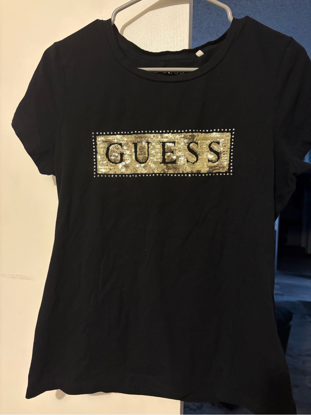 GUESS Black Short-Sleeve Tee with Gold Sequin Logo
